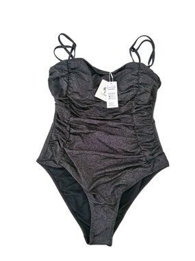 Cupshe Black Silver Shimmer Ruched One-Piece Swimsuit Adjustable Size Large NWT